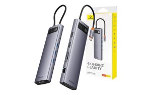 Baseus Metal Gleam Series 11-Port HUB Space Grey （Type-C to HDMI4K@60Hz*1+VGA*1+USB3.0*3+USB2.0*1+PD*1+RJ45*1+SD/TF*1+3.5mm*1)